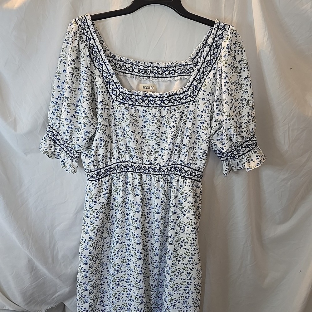 Roolee Women's Long Floral Dress Blue/white Cottagecore Peasant Fairy Sz M - Picture 2 of 16